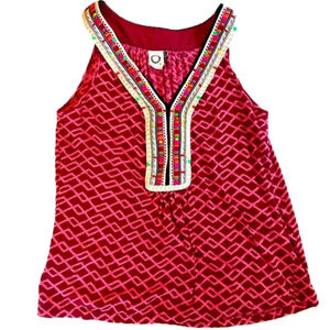 Akemi + Kin Anthropologie Linen Red & Pink Print Embroidered V-neck Tank Top S